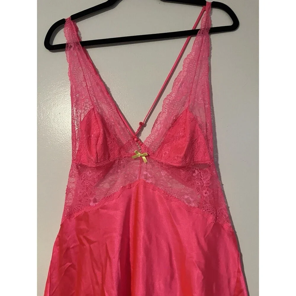 Victorias Secret Hot Pink Satin‎ Lace Slip Dress Crossback Negligee Bow